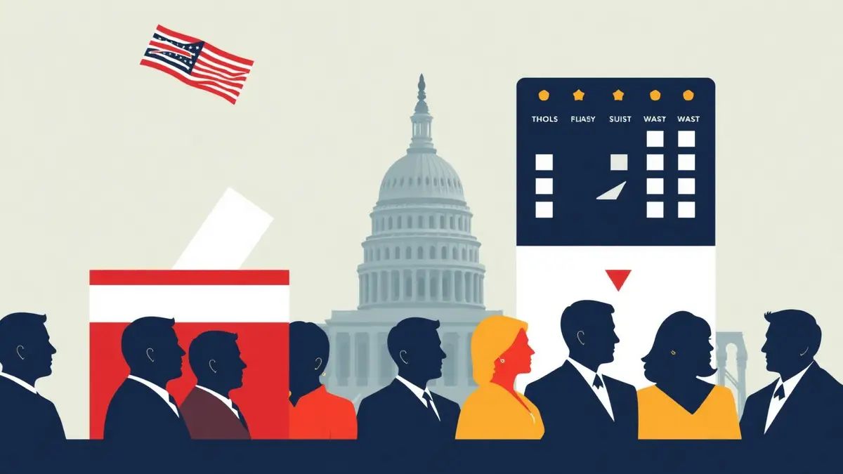 Ballot box, US Capitol dome, and silhouettes representing changing elected officials.