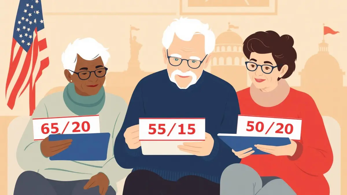 Three older adults holding cards labeled 65/20, 55/15, and 50/20 in front of an American flag.