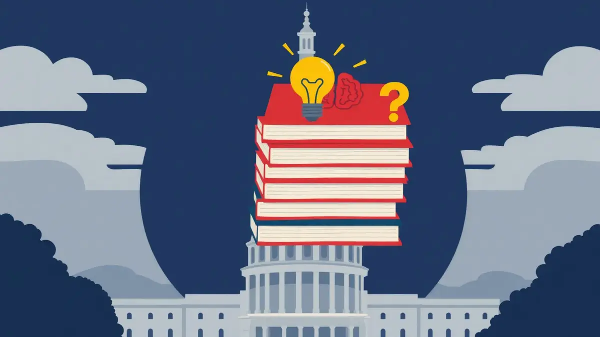 Stack of books topped with a lightbulb and question mark in front of the US Capitol dome.