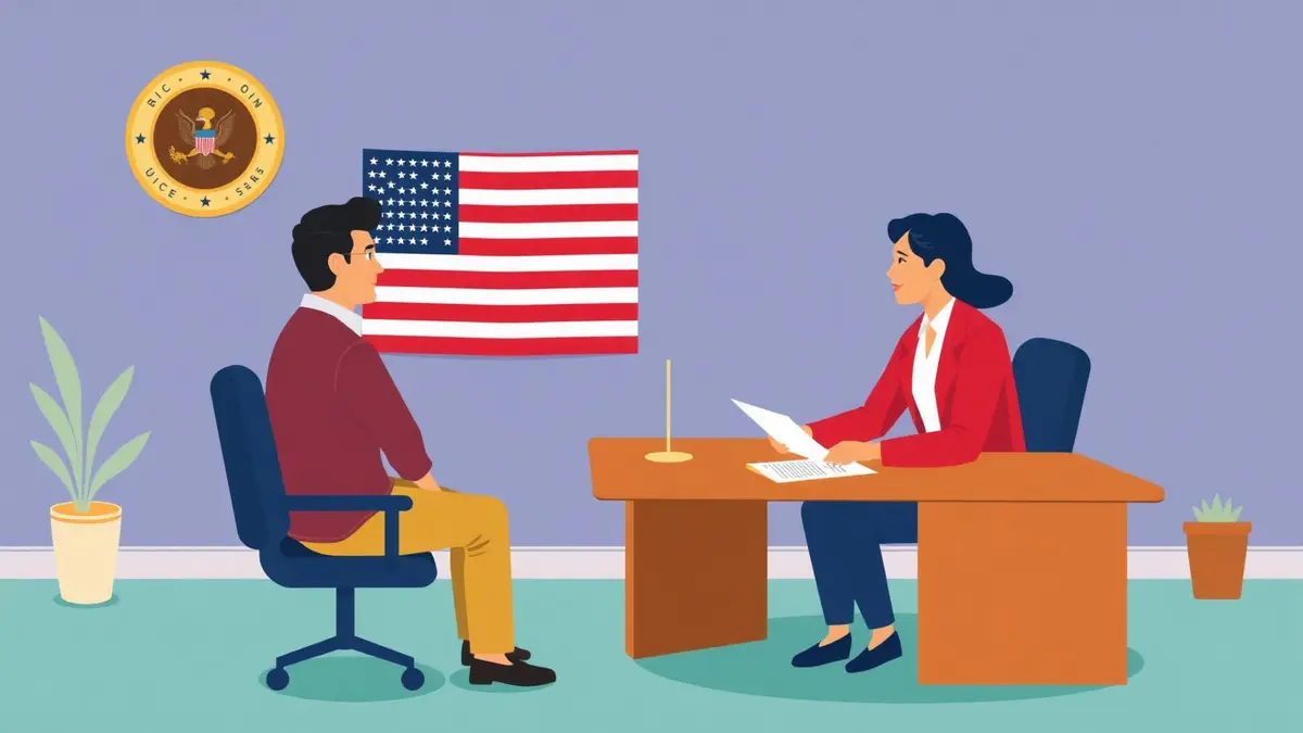 USCIS officer interviewing a naturalization applicant across a desk with an American flag.