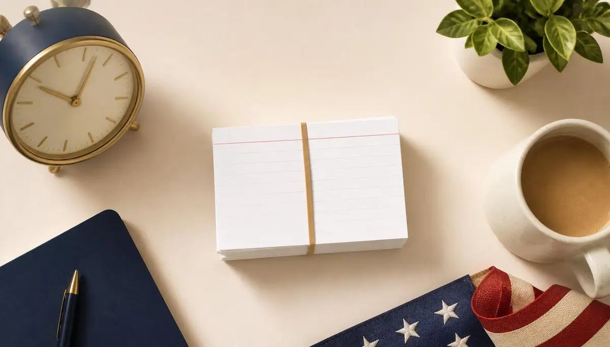 Study calendar with checkmarks, flashcards, and an American flag pin.